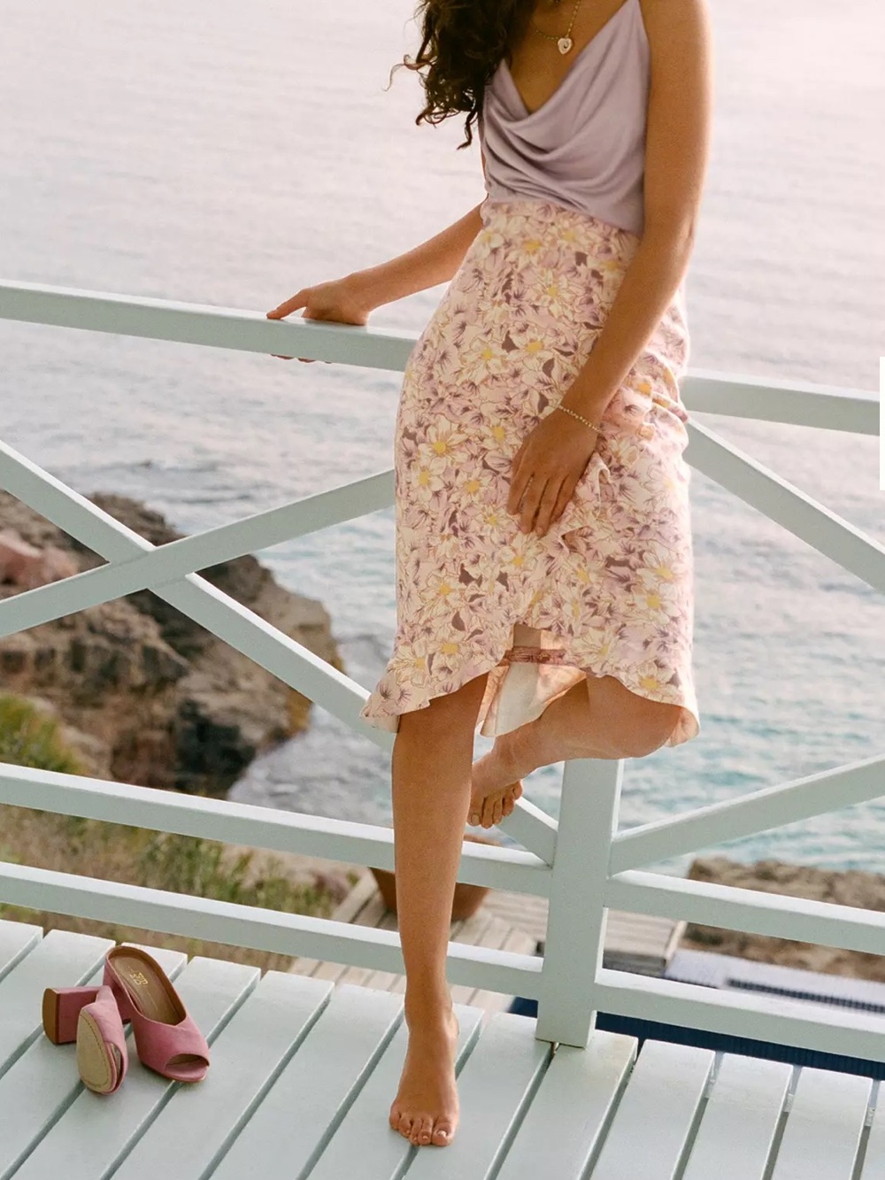 Anthropologie Skye Ruffled Midi Skirt - Pale Pink Floral Size 6